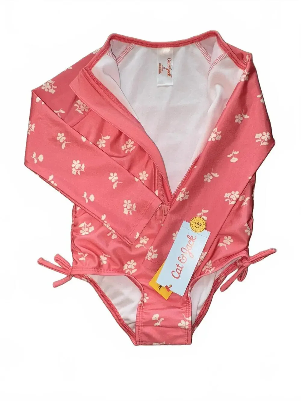 NEW! Cat & Jack Girls' 4T Coral Pink Floral Long Sleeve Swim Suit